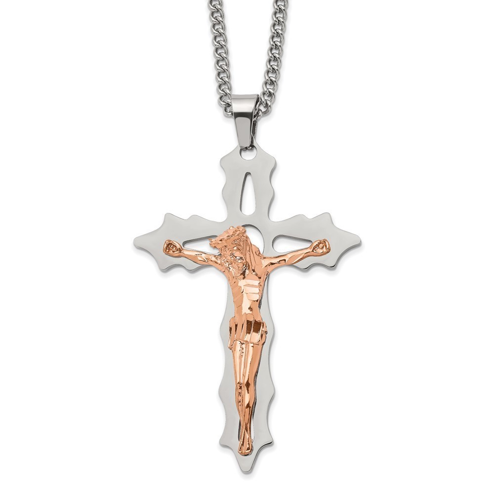 Chisel Stainless Steel Rose IP-plated Cutout Crucifix Charm  24" Curb Necklace